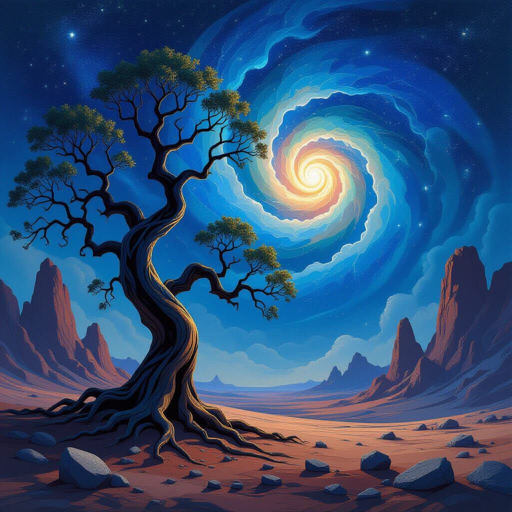 Ancient Tree on Alien Planet Under Nebula