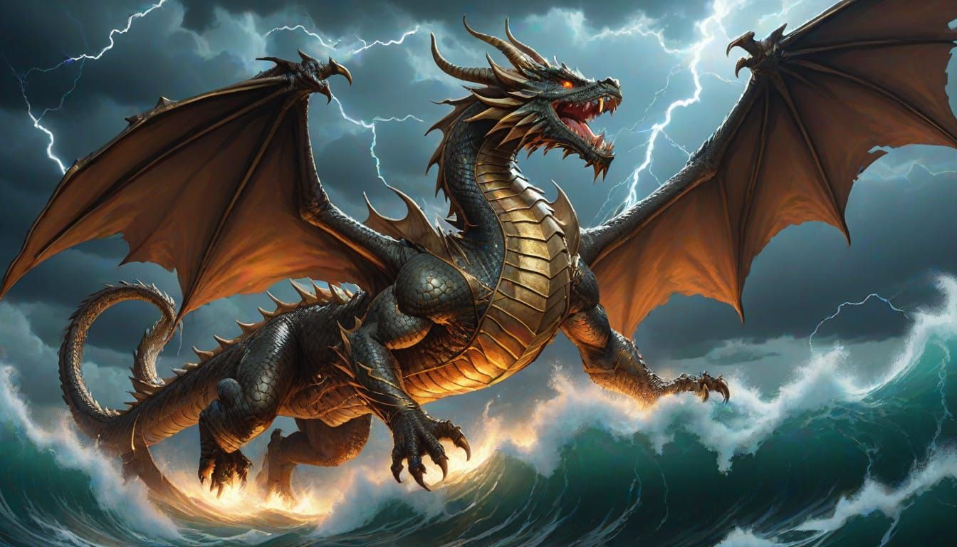 Epic Bronze Scaled Dragon Soars Above Turbulent Seas in a Hy...