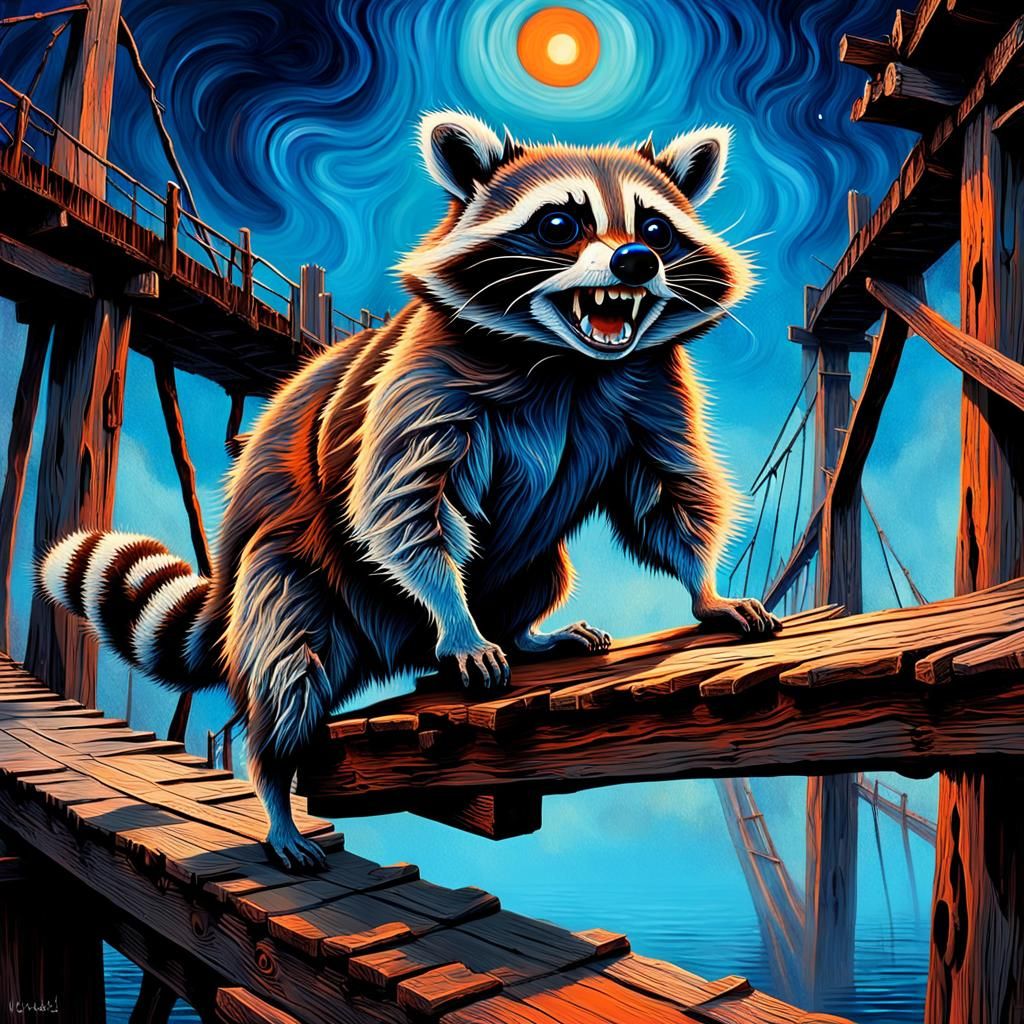 Anthropomorphic Raccoon's Silent Scream in Surreal Setting