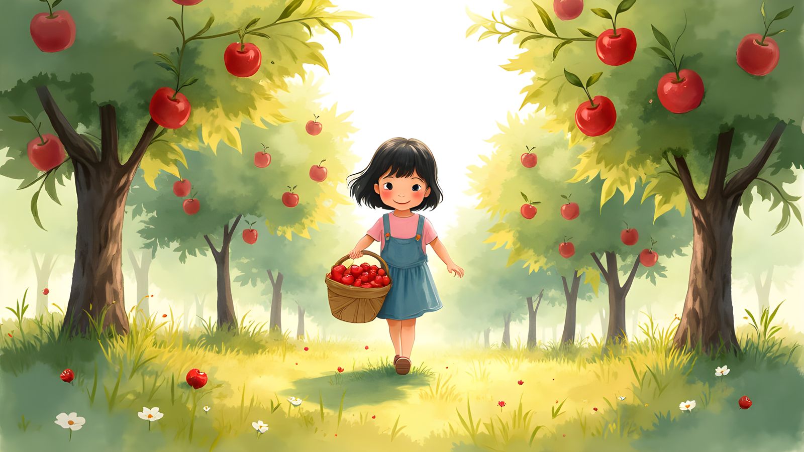 Watercolor Painting of Girl Collecting Apples
