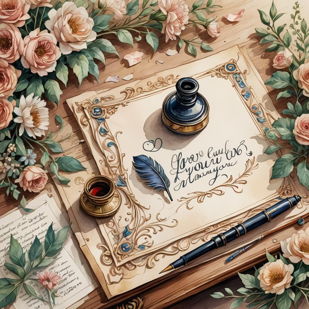 Romantic Calligraphy on Victorian Desk Watercolor Illustrati...