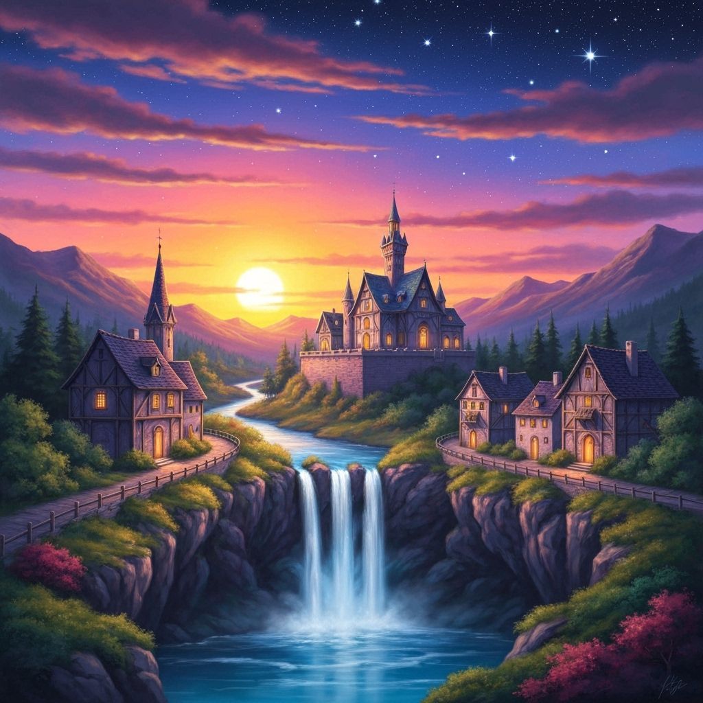 Airbrushed Village Beside Luminous Waterfall at Sunset