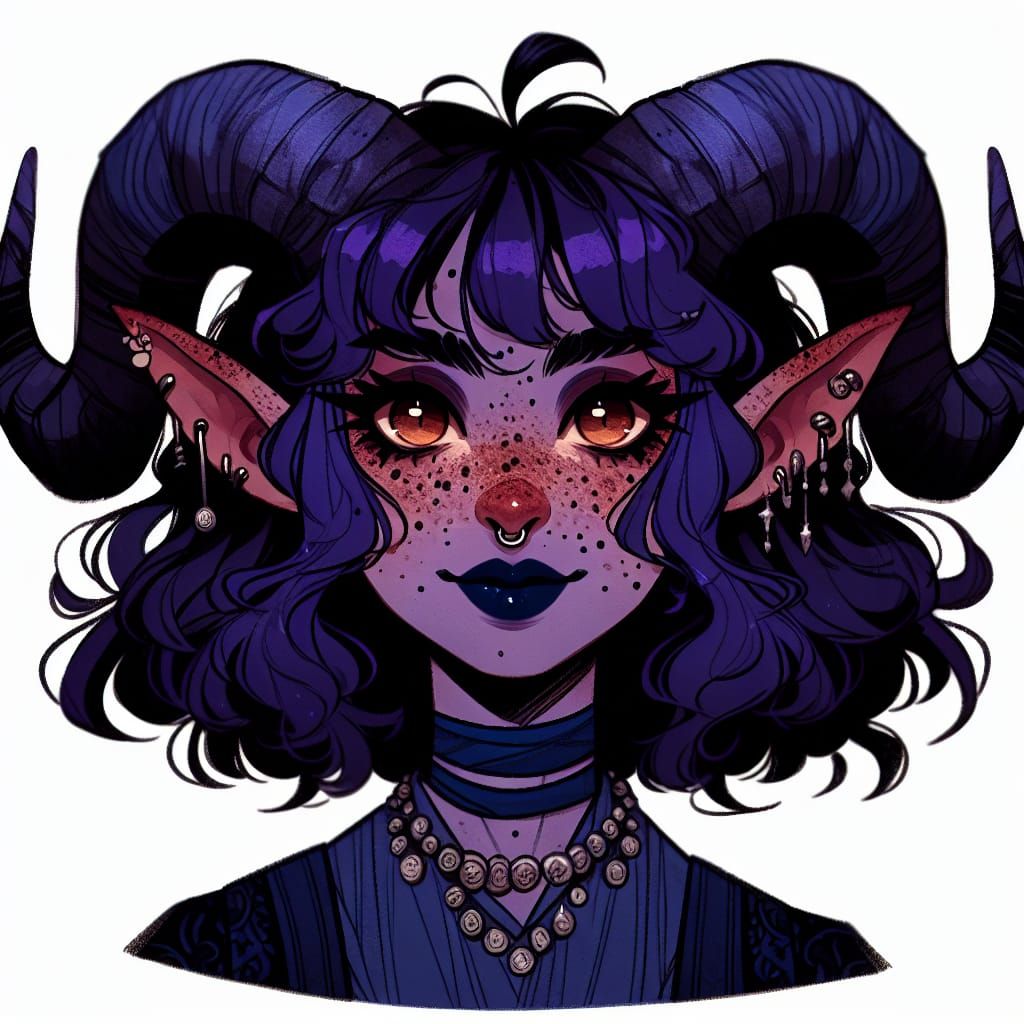 Tiefling Woman with Horns and Lavender Skin