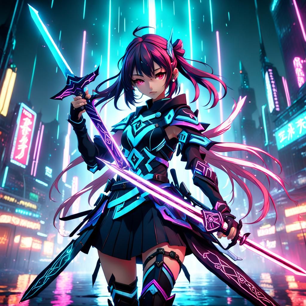 Anime Girl with Neon Sword: Detailed Digital Art