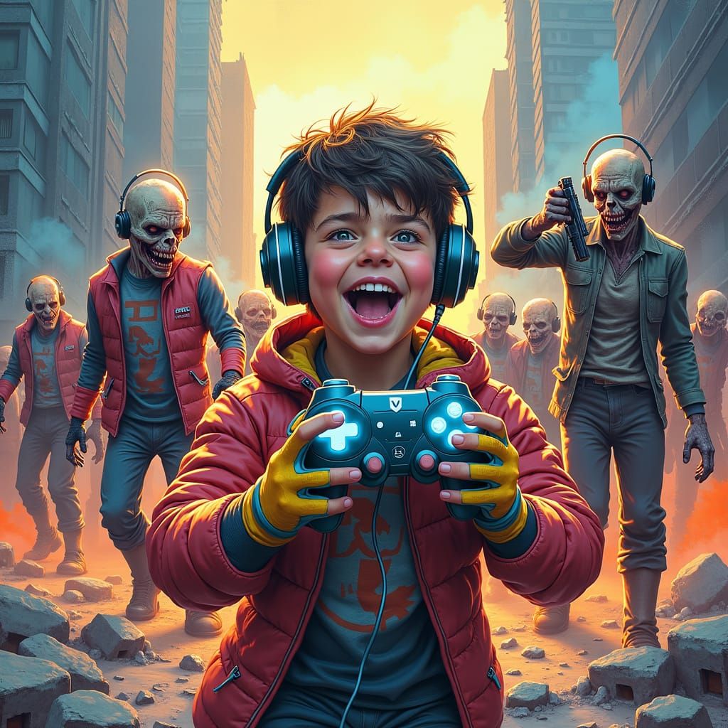 Boy Immersed in Superhero Zombie Video Game