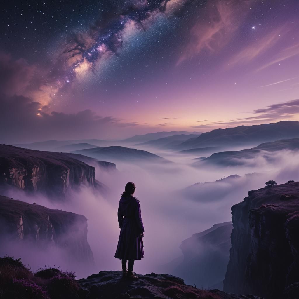 Cinematic Dreamscape: Figure Overlooking Starry Night