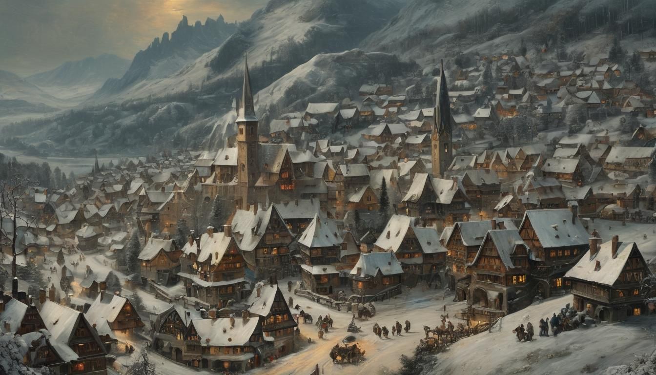 Alpine Village in Snow, Northern Renaissance Painting