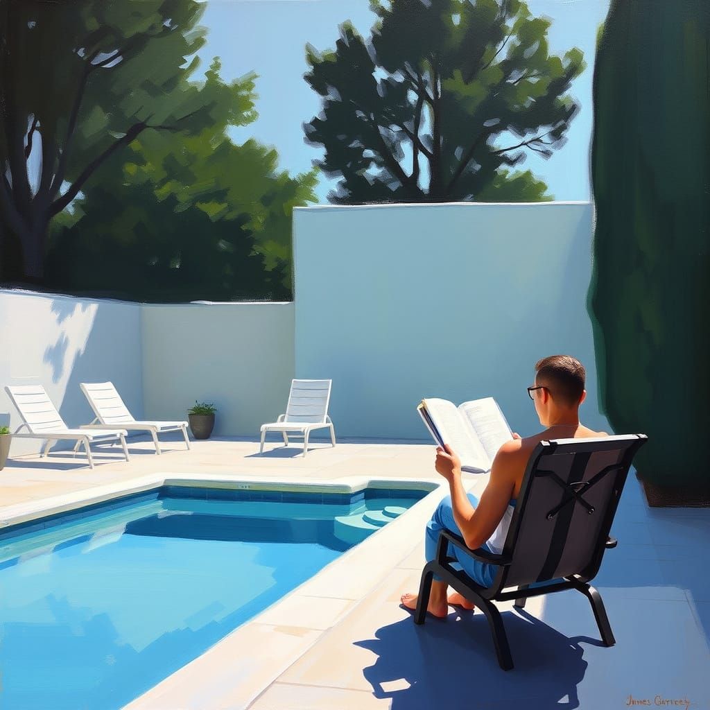 Serene Poolside Reading in Abstract Oil Painting