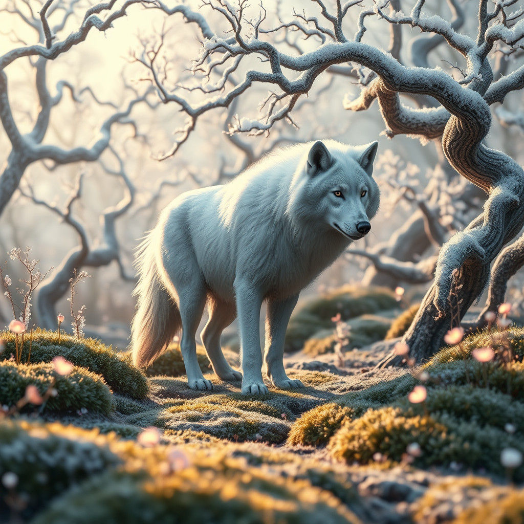 Snow Wolf in Mystical Frosted Garden