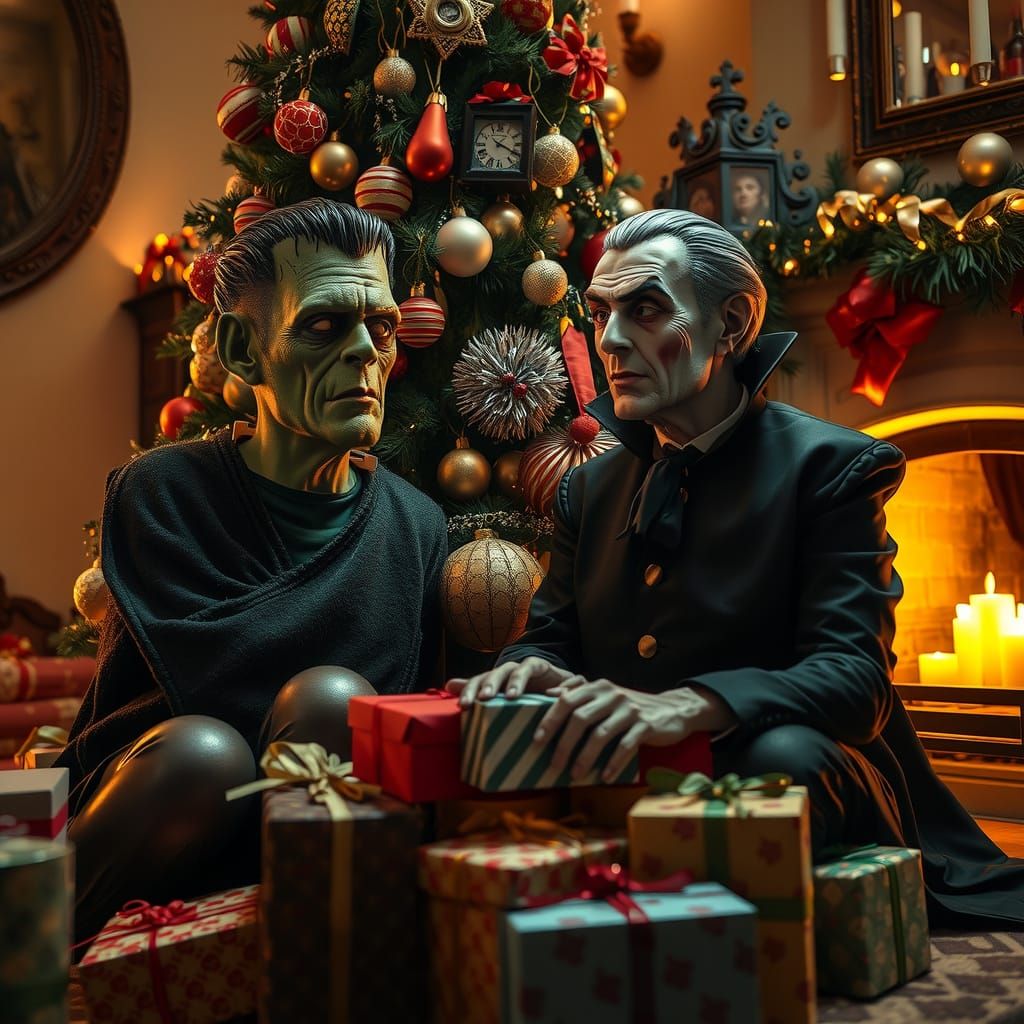 Frankenstein and Vampire Share Christmas Cheer