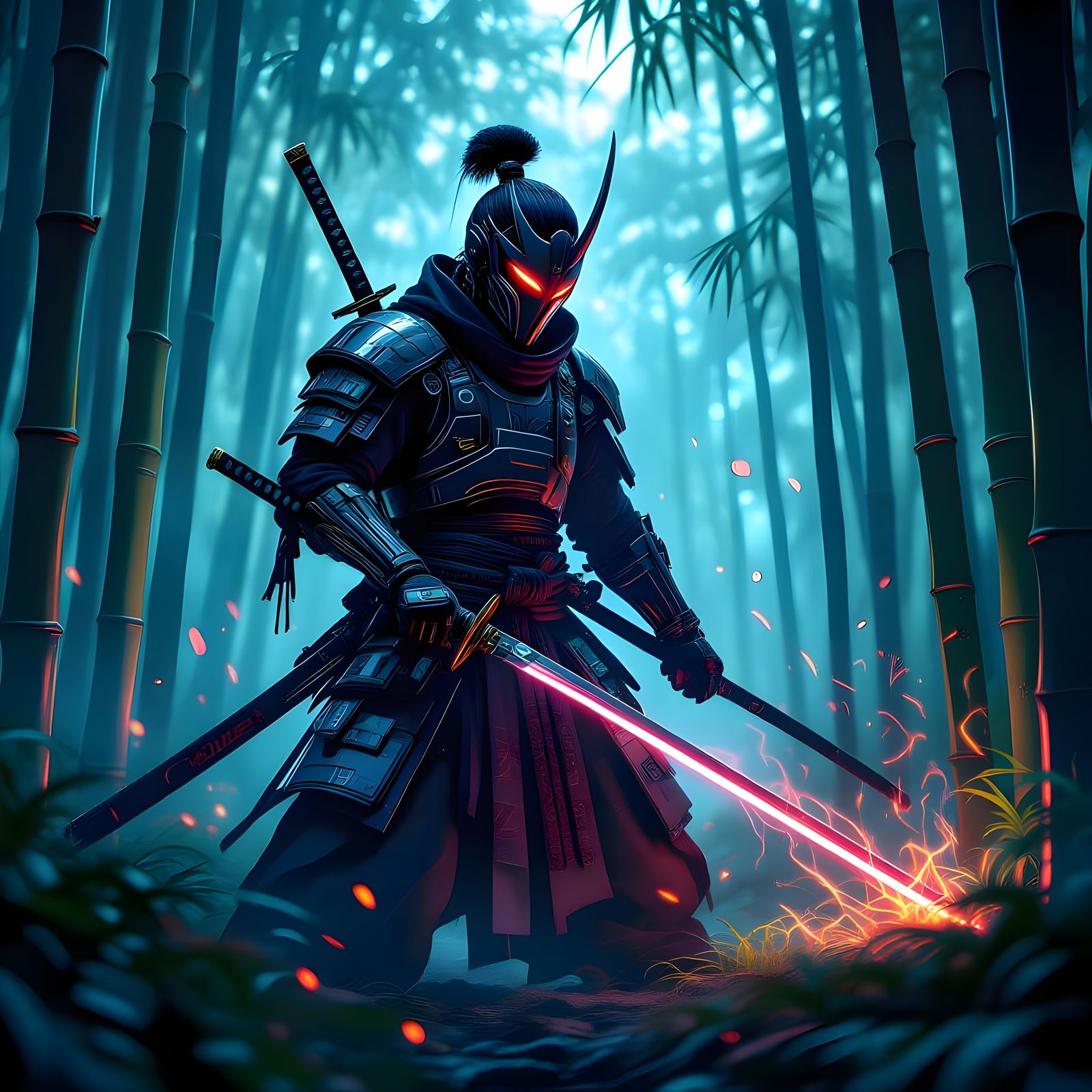 Cybernetic Samurai in Neon Bamboo Forest