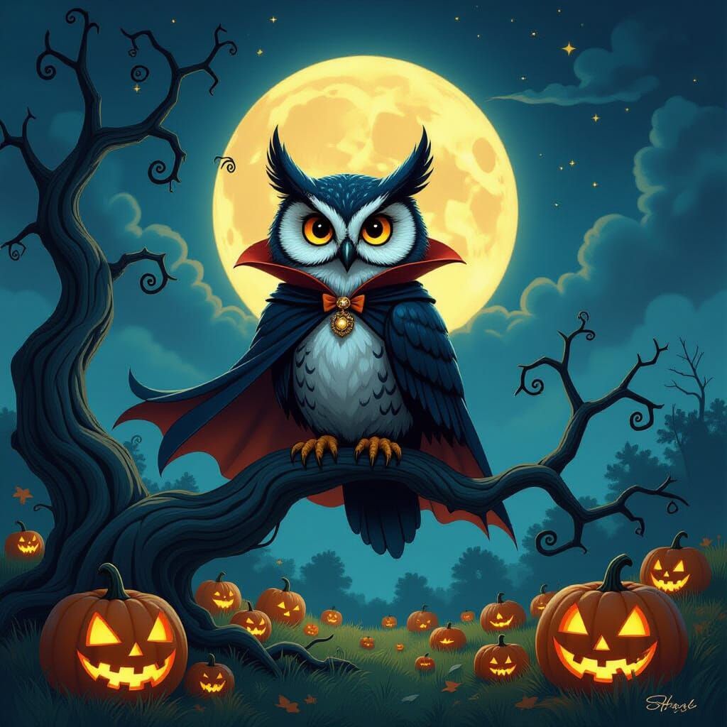 Vampire Owl on Moonlit Branch with Glowing Pumpkins