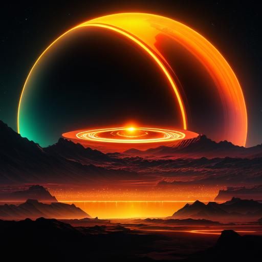 Neon Saturn Rising Over Titan: Digital Art
