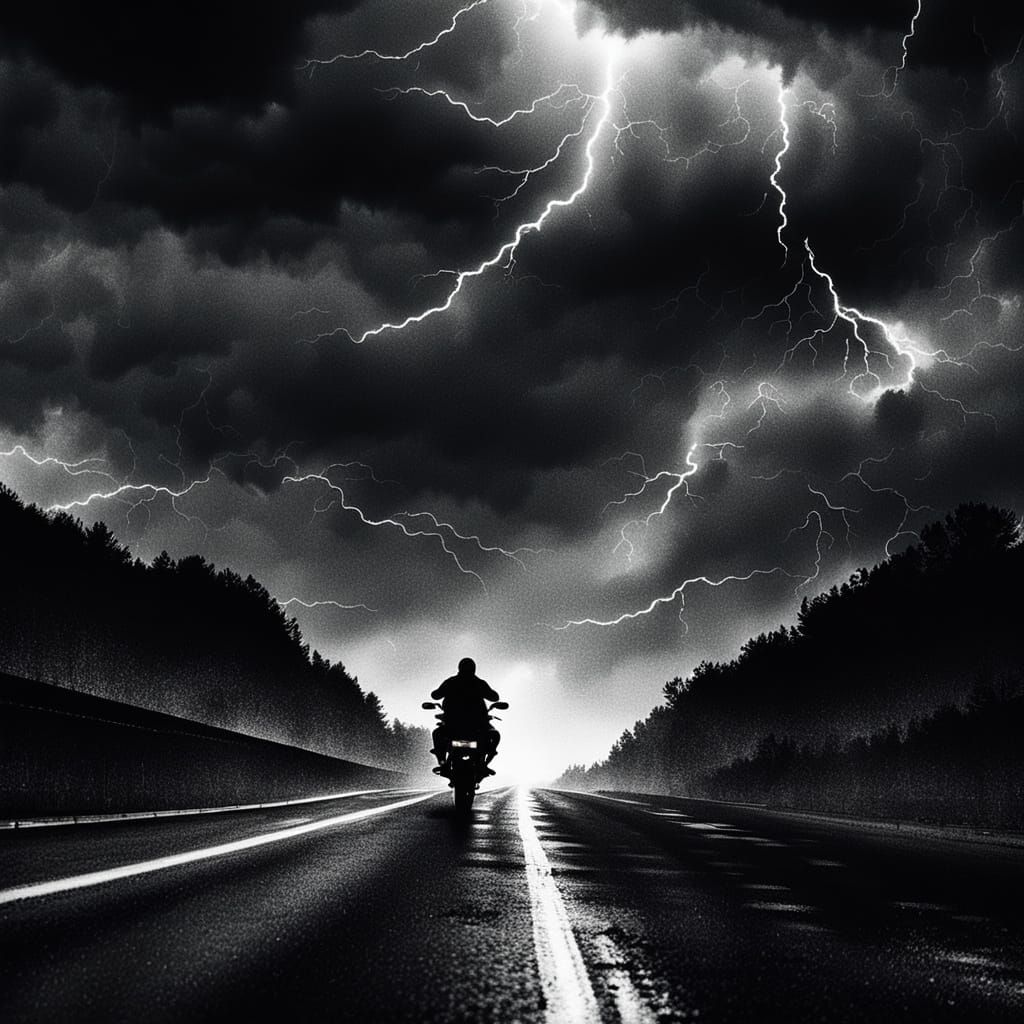 Moody Cinematic Harley Rider on Stormy Highway
