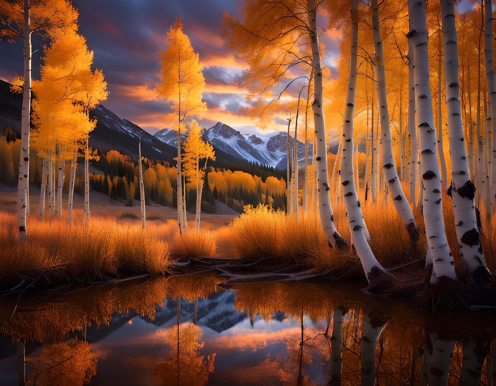 Autumn Sunrise Over Lake with Aspens