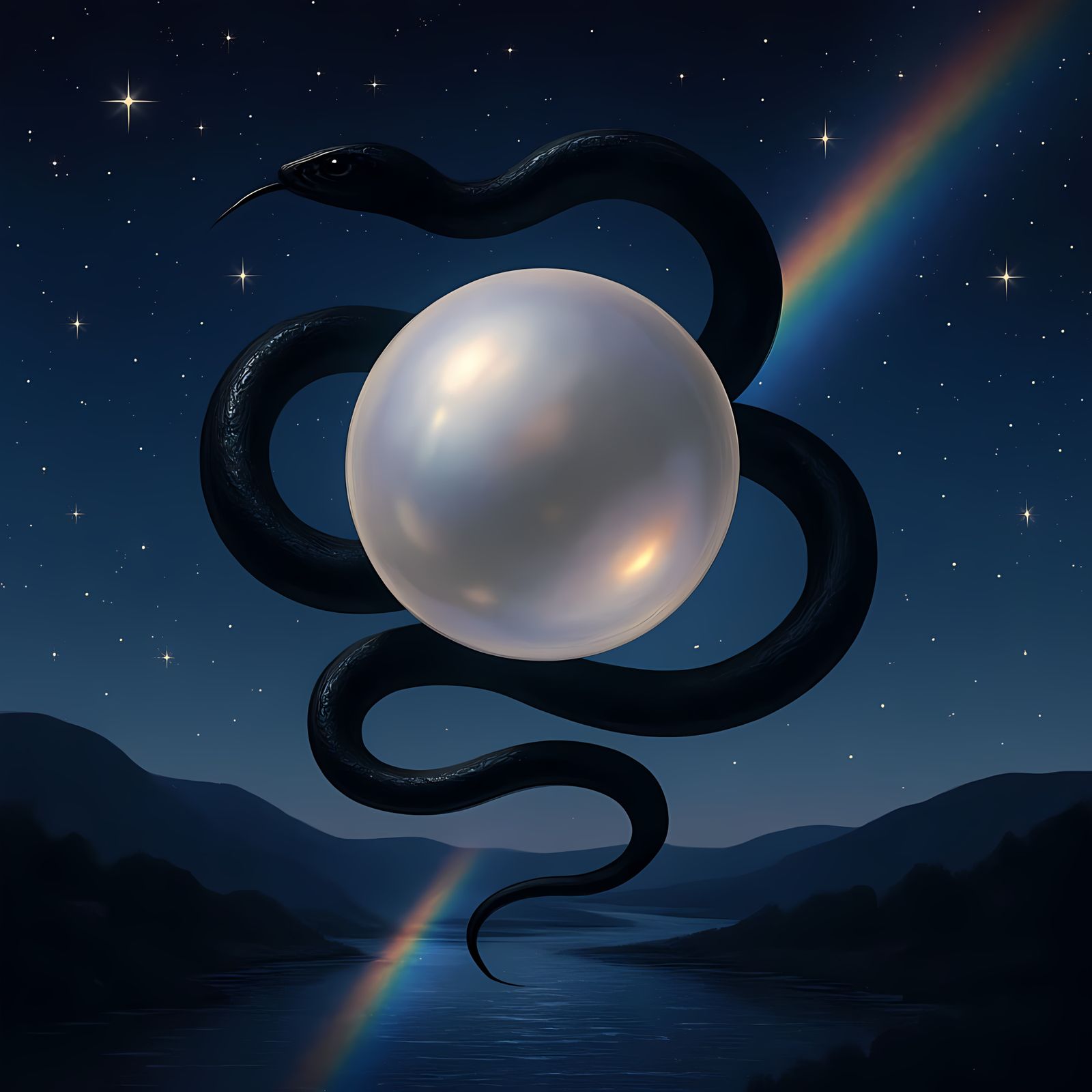 Glowing Pearl Surrounded by Serpent in Dreamscape