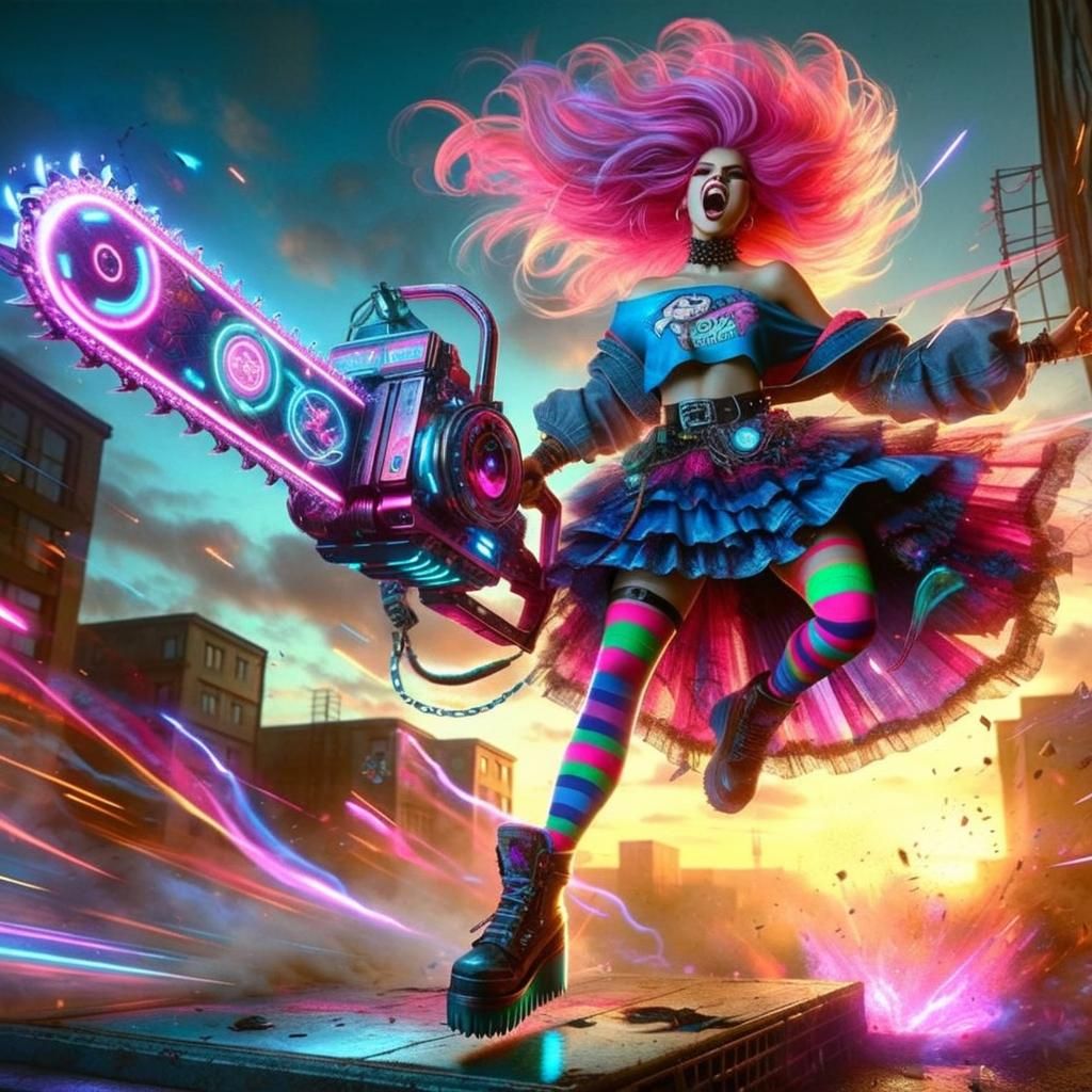 Futuristic Rebel with Chainsaw in Cyberpunk Explosion
