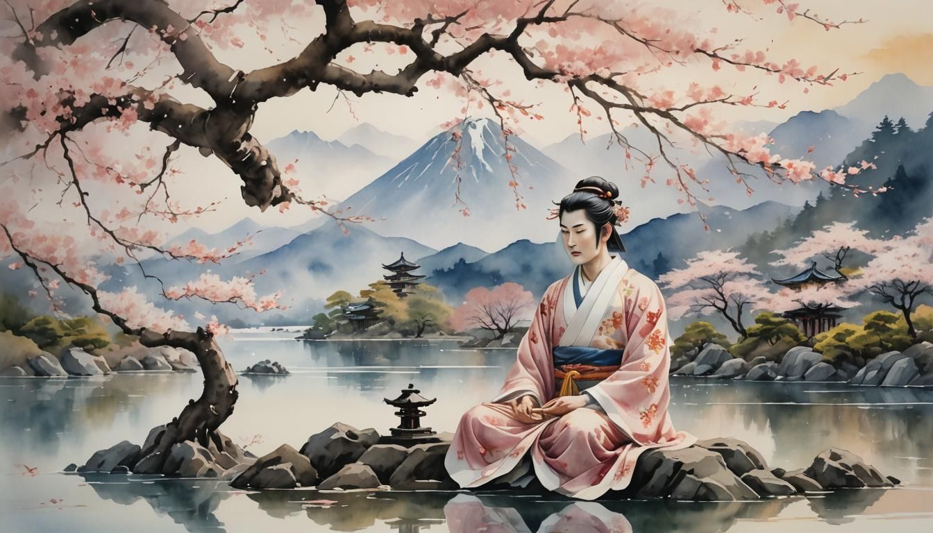 Japanese Deity Under Ancient Sakura Tree, Watercolor