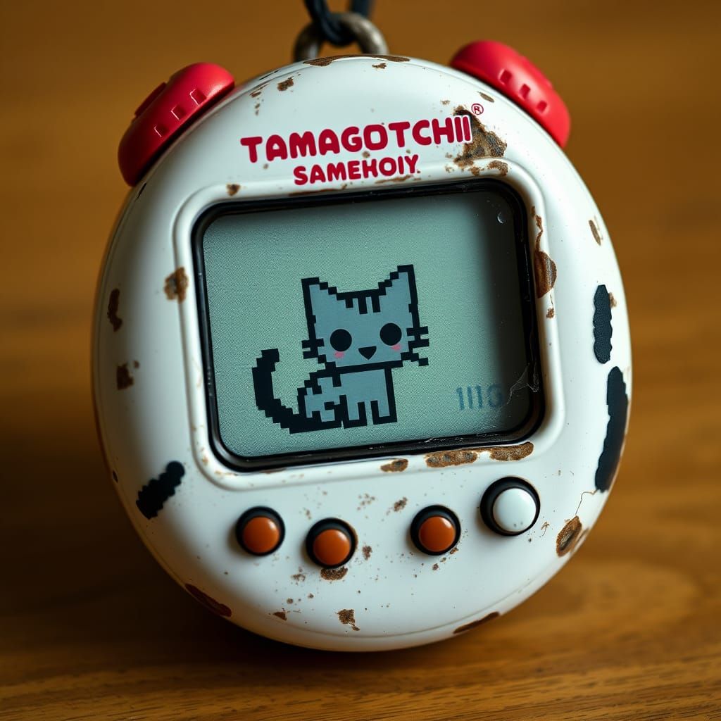 Retro Tamagotchi with Pixel Art Cat in 8-bit Style