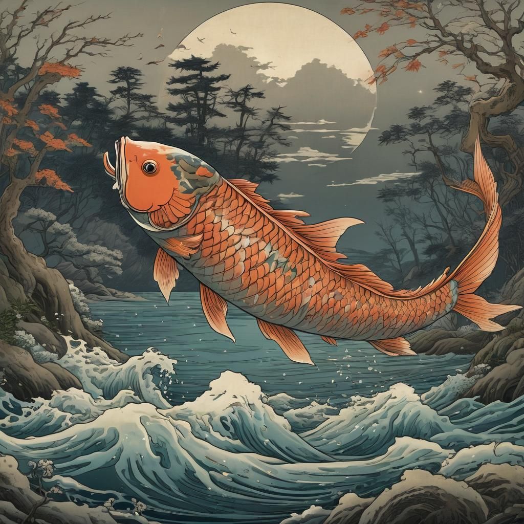 Koi Swims Before Moon in Ukiyo-e Style