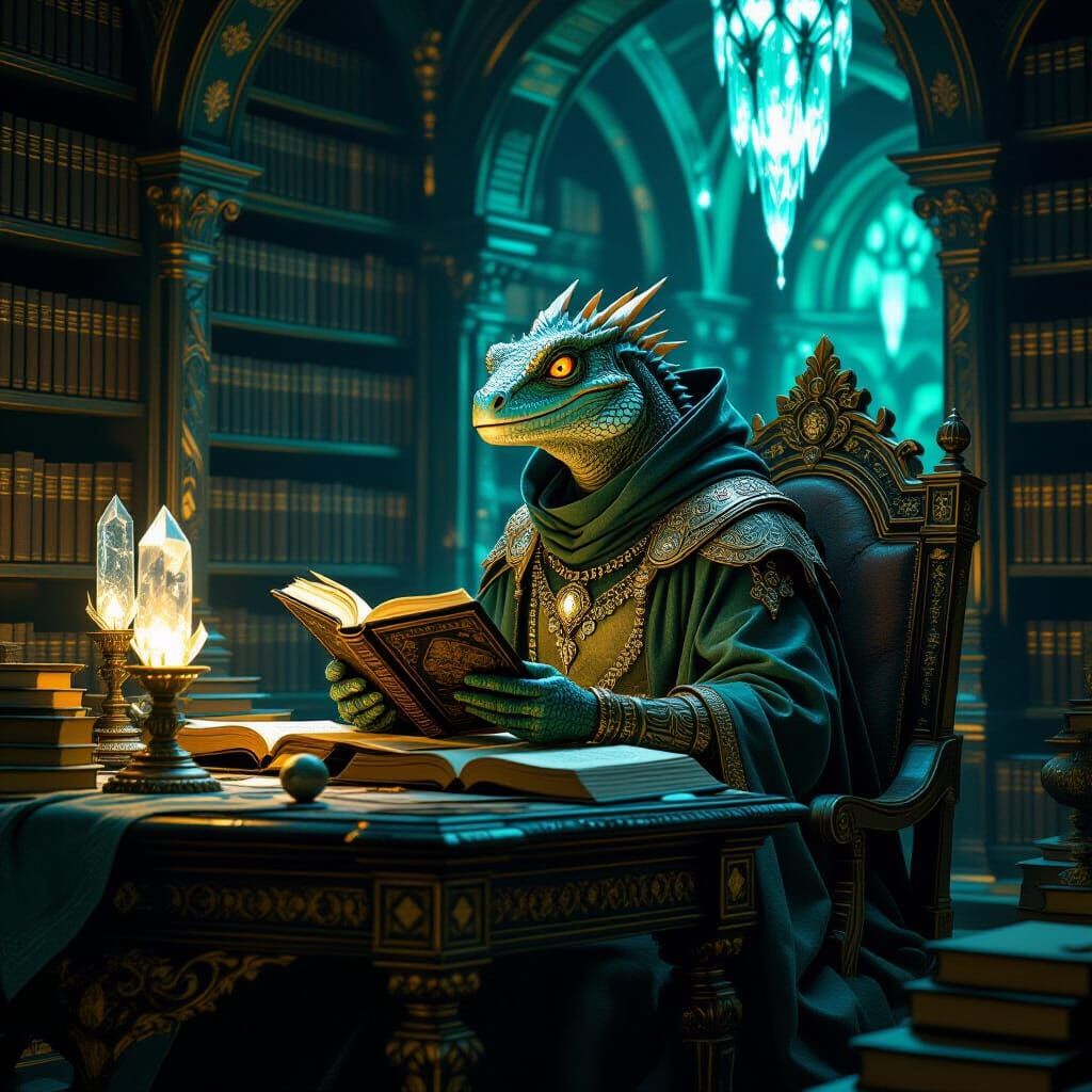 Reptilian Scholar in Bioluminescent Library, Surreal Art