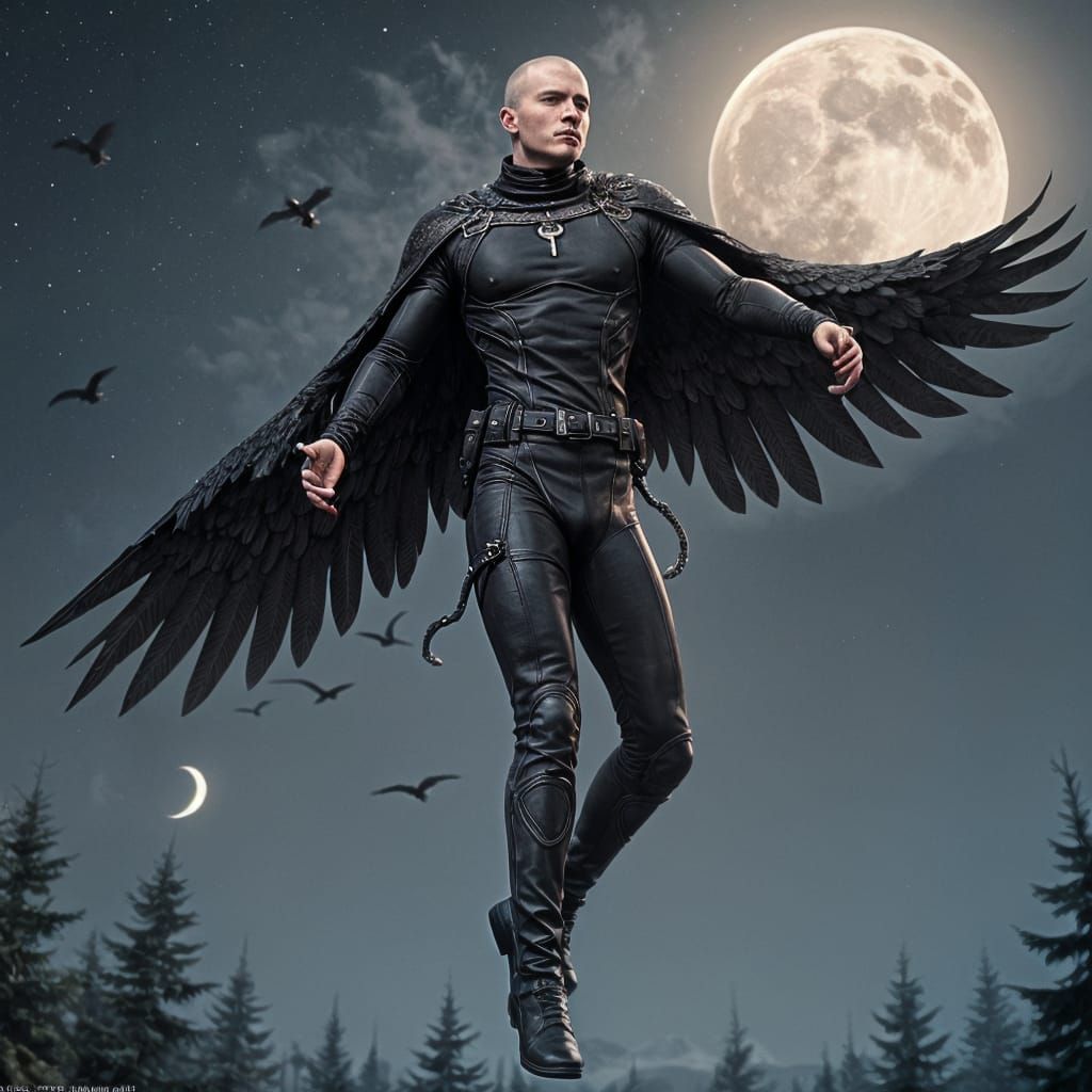 Winged Man in the Night Sky, Detailed Digital Art