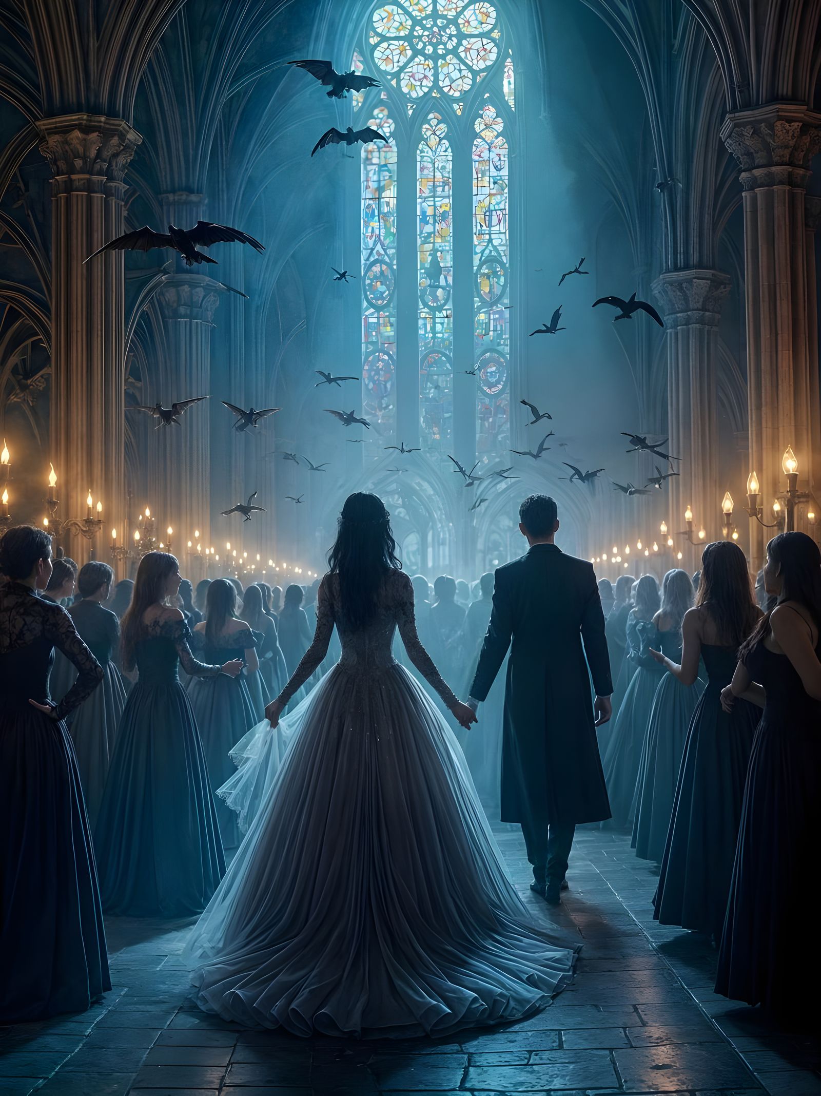 Dancing Ghosts in Shadowy Gothic Cathedral