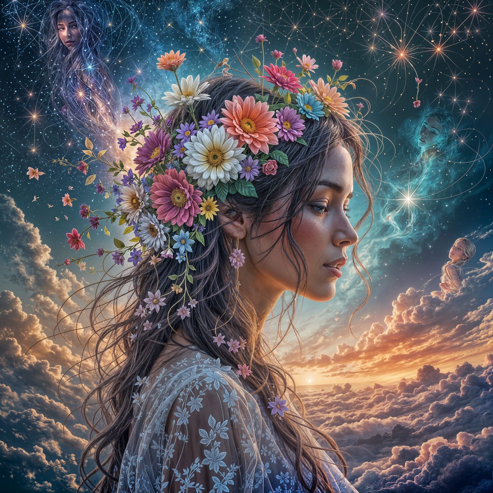 Cosmic Illustration of Woman's Struggle with Vibrant and Wil...