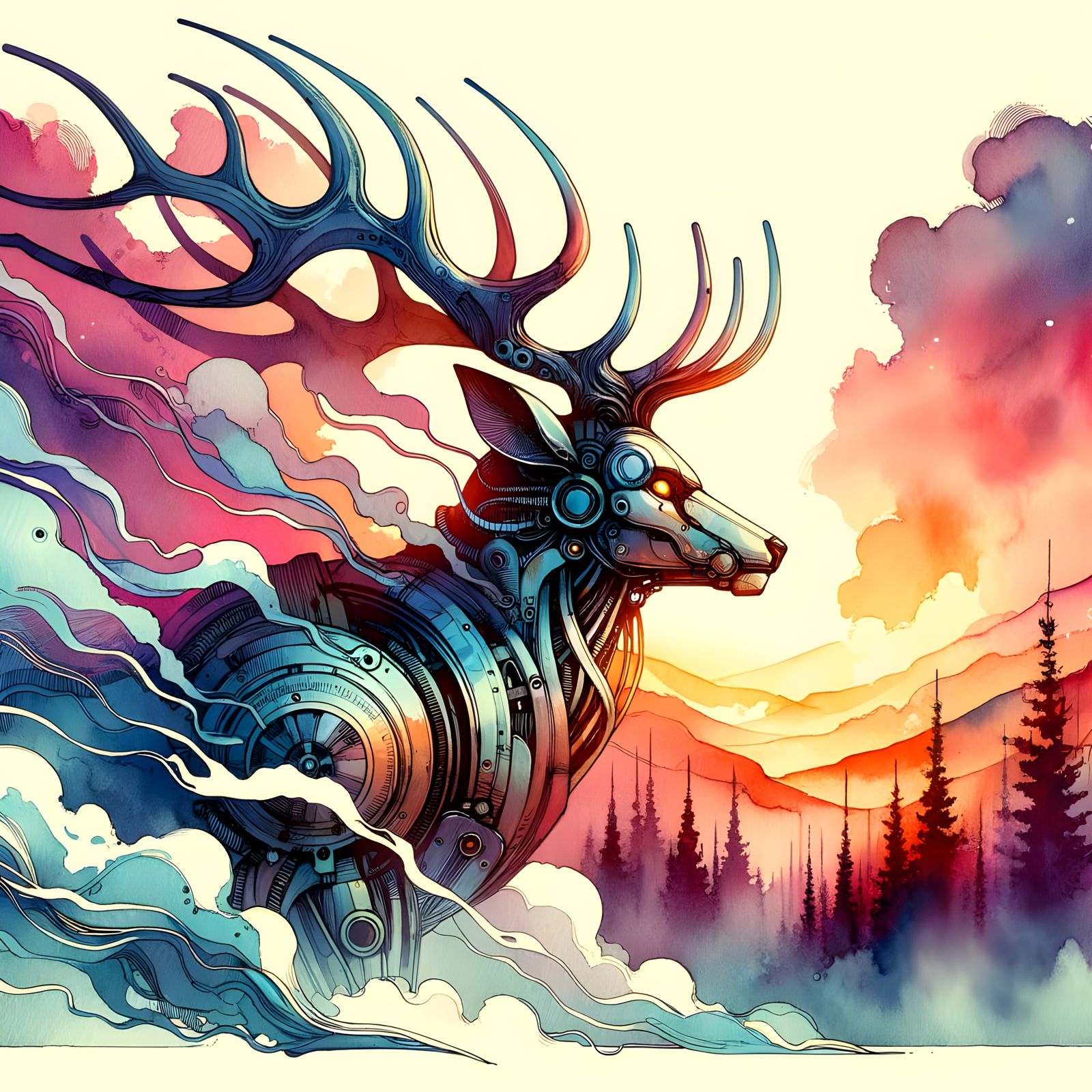 Retrofuturistic Steampunk Stag in Winter Wilderness Ink Art