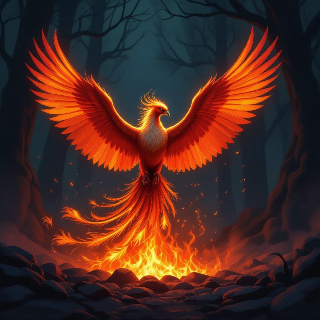 Majestic Phoenix Rises From Embers in Ancient Forest