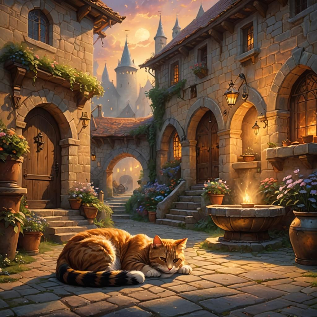 Cat Nap in Ethereal Medieval Courtyard