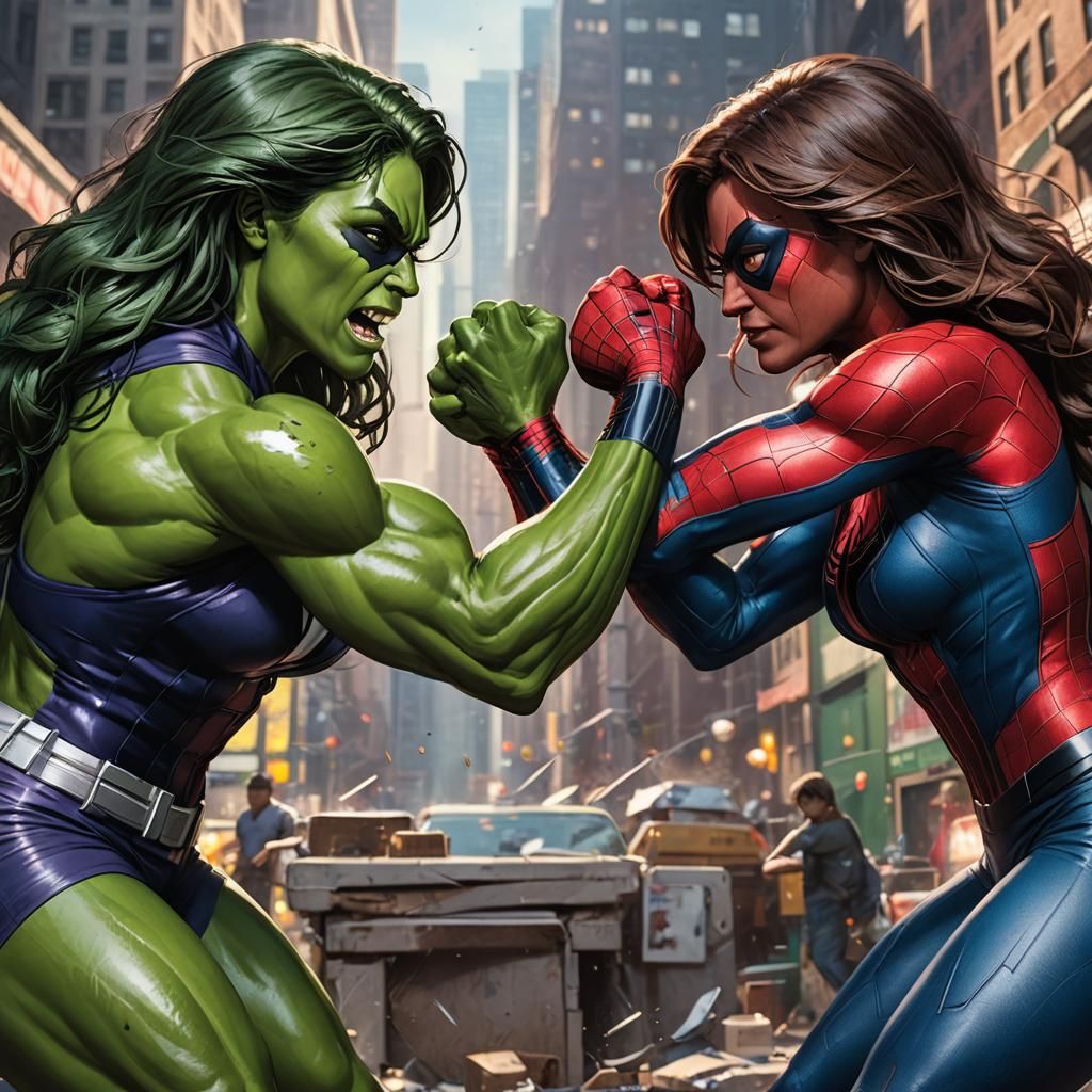 She-Hulk Arm Wrestles Spiderman: Hyperrealistic Concept Art