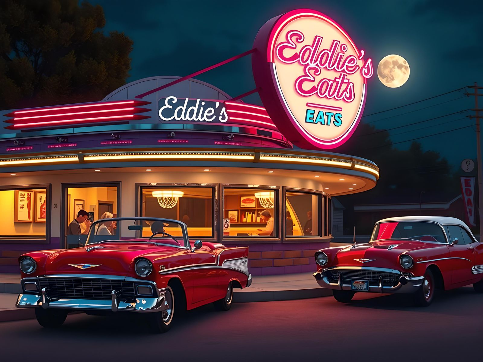 1950s Diner in Pixel Art with Neon Sign
