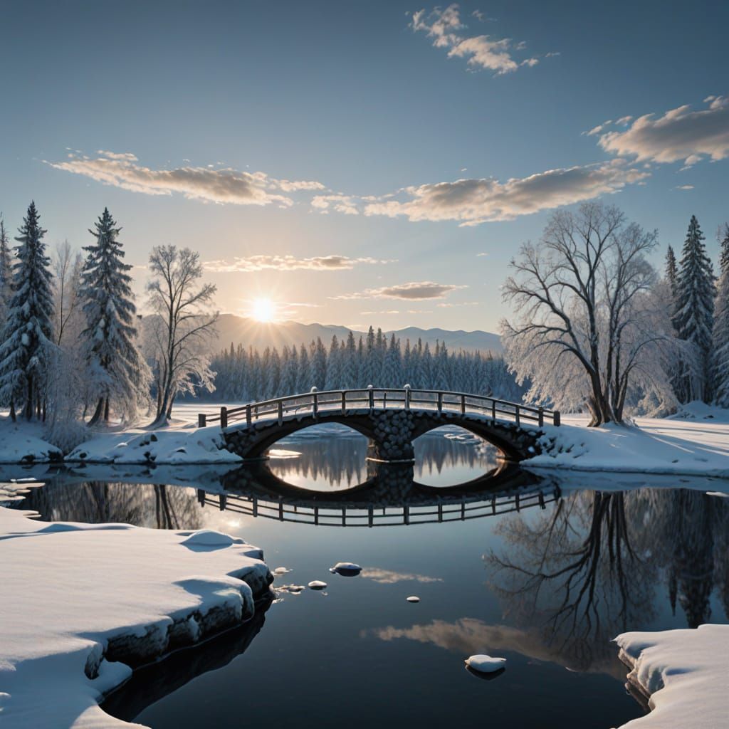 Frozen Lake Landscape with Lone Wolf in Photorealistic Style
