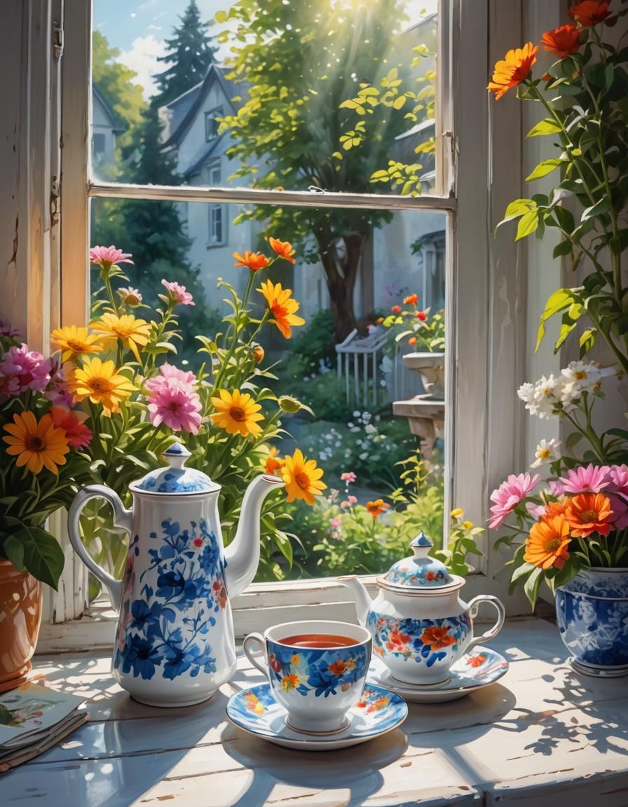 Summer Garden View with Tea, Graffiti Art Style