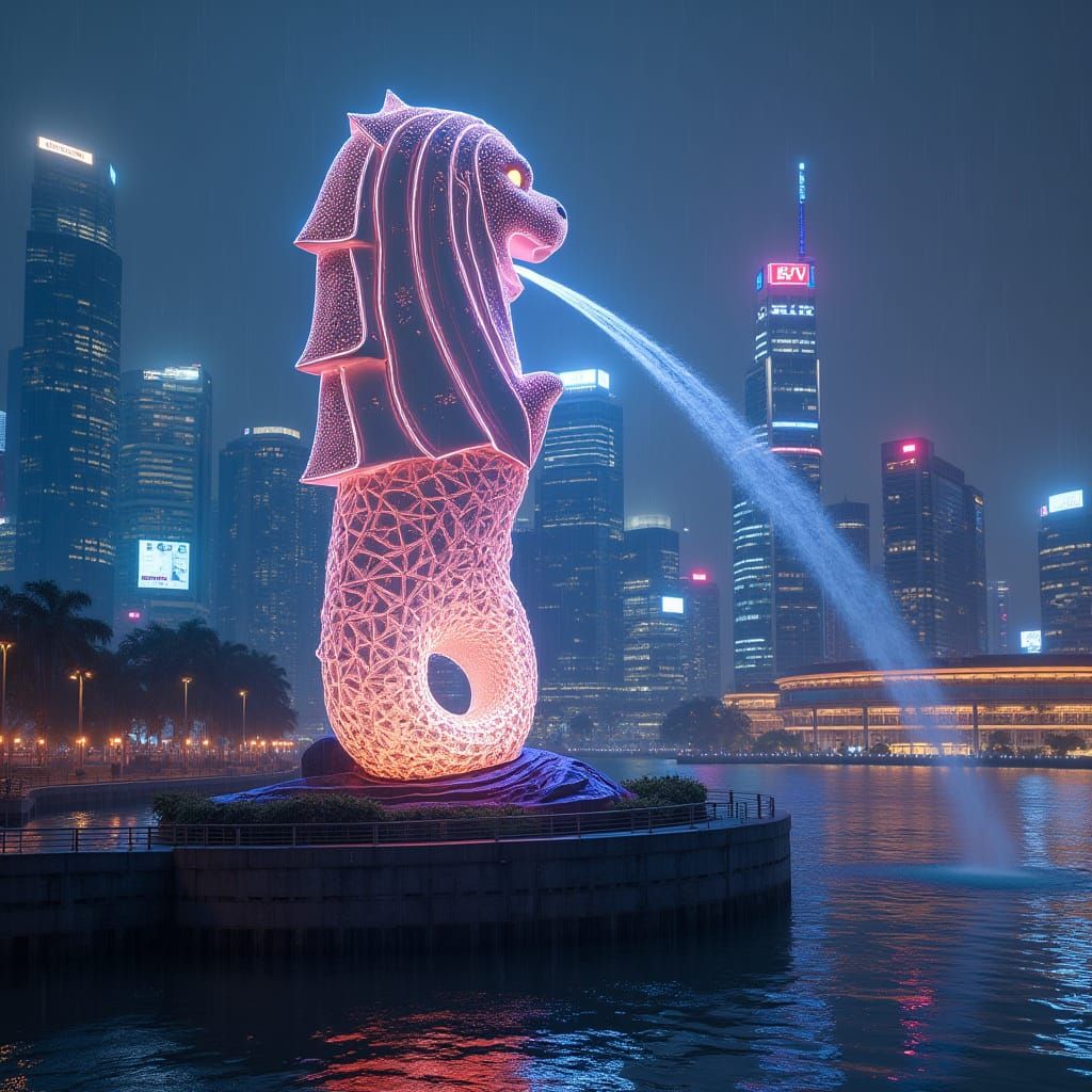 Cyberpunk Merlion Exosuit Over Neon Singapore