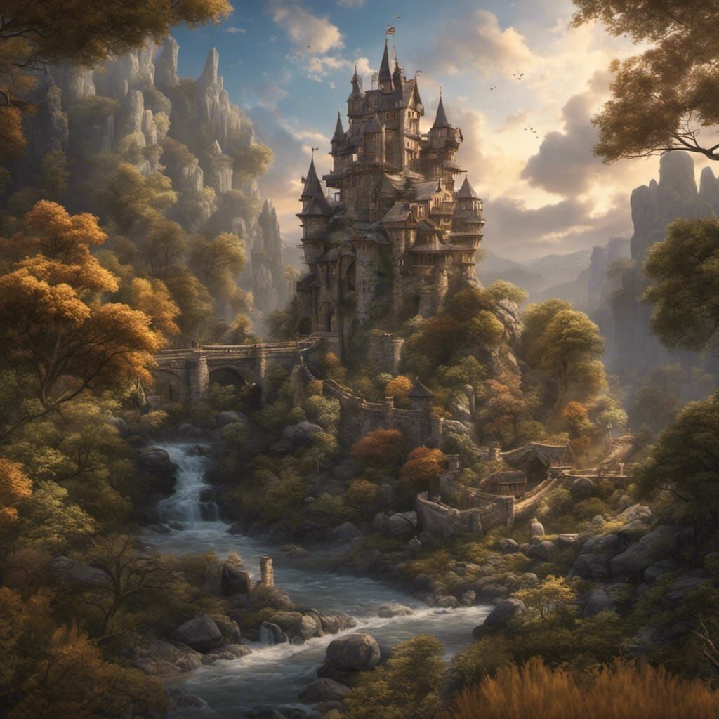 Enchanted Forest Castle at Sunset: Fantasy Concept Art