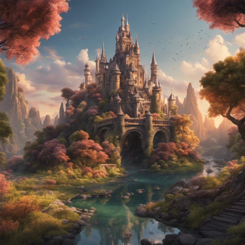 Forest Castle at Sunset: Detailed Fantasy Art