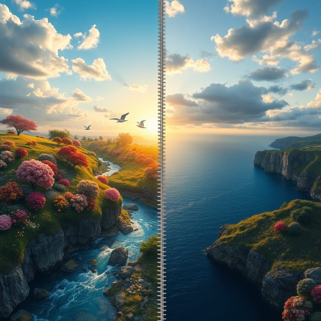 Vibrant Landscape Divided by Years in Hyperrealism