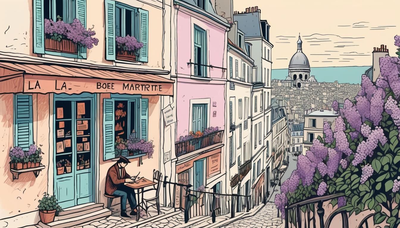 Montmartre Illustration in Vintage Style with Lilacs