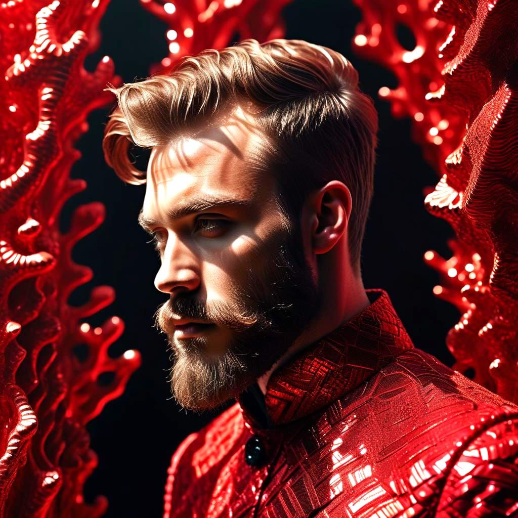 Bearded Man in Ruby Clothes: High-Key Coral Aesthetic