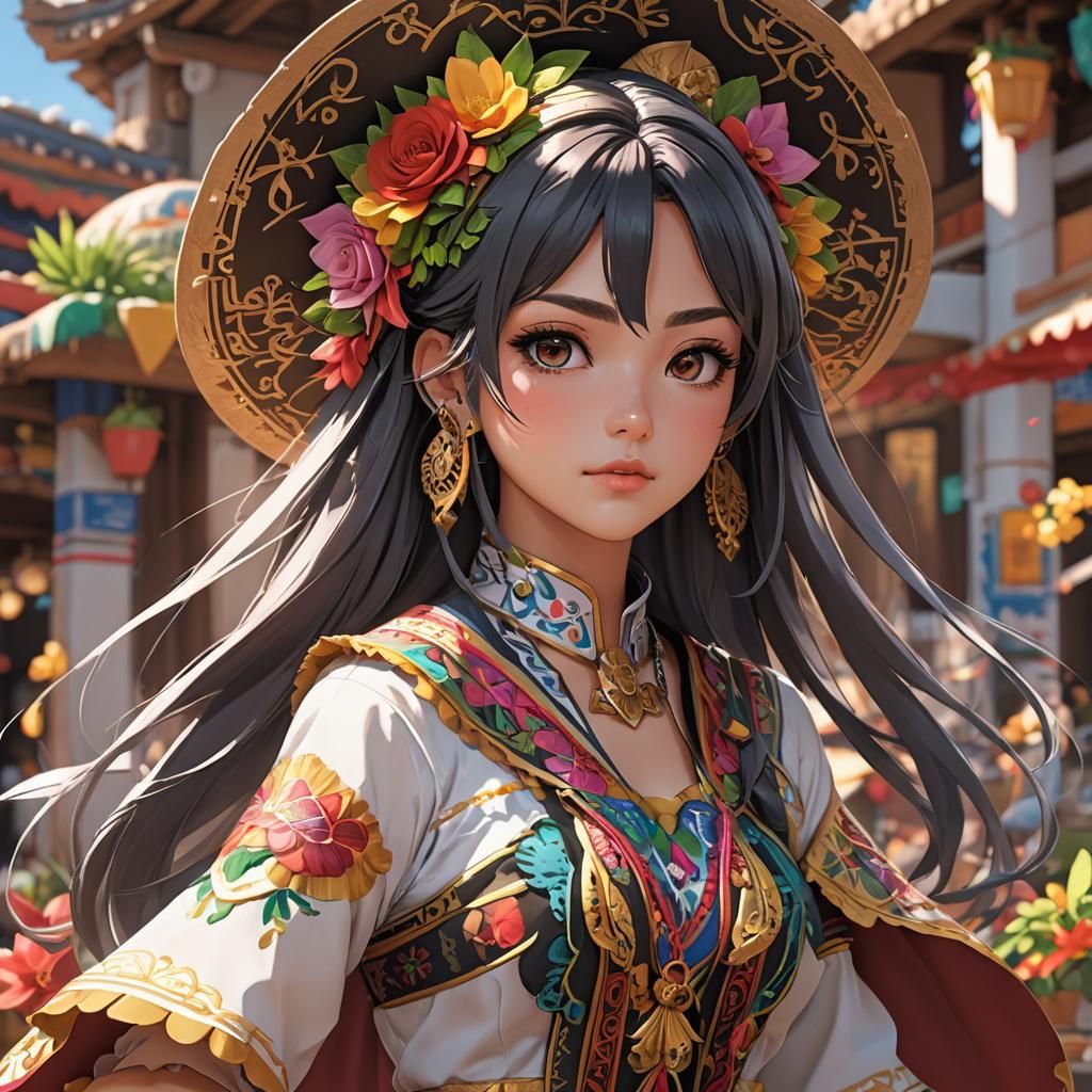 Cute Manga Anime Mexican Adult Woman in 3D