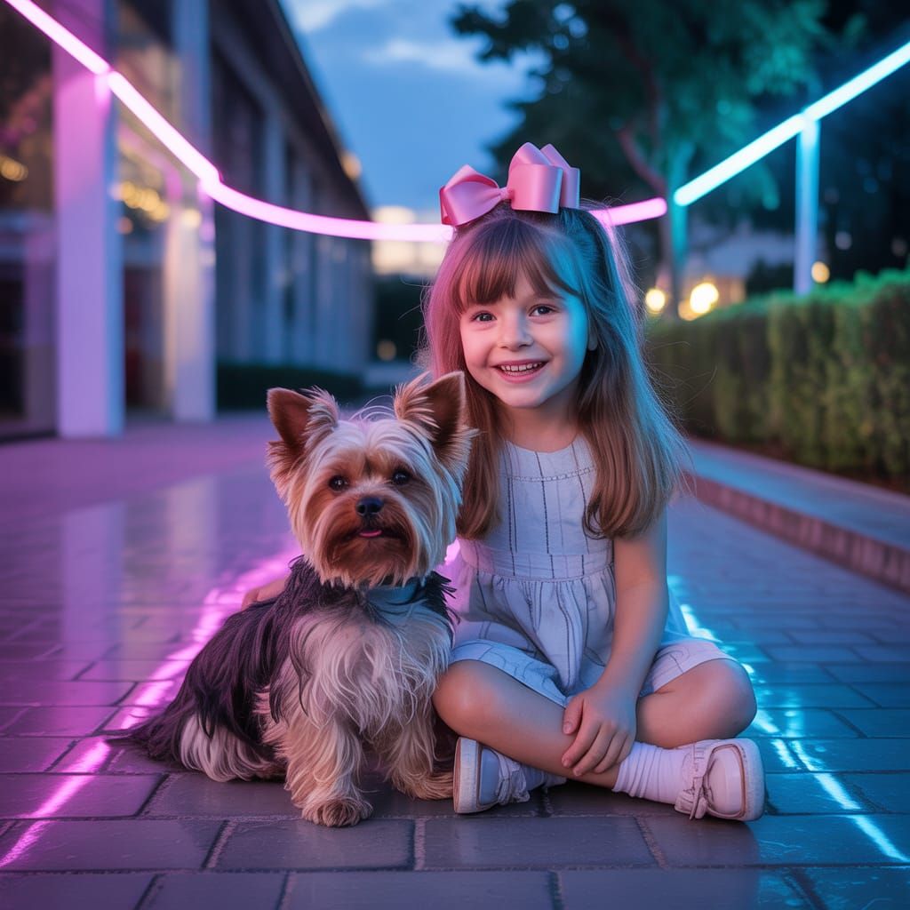 Joyful Girl and Yorkie in Moody Neon Evening