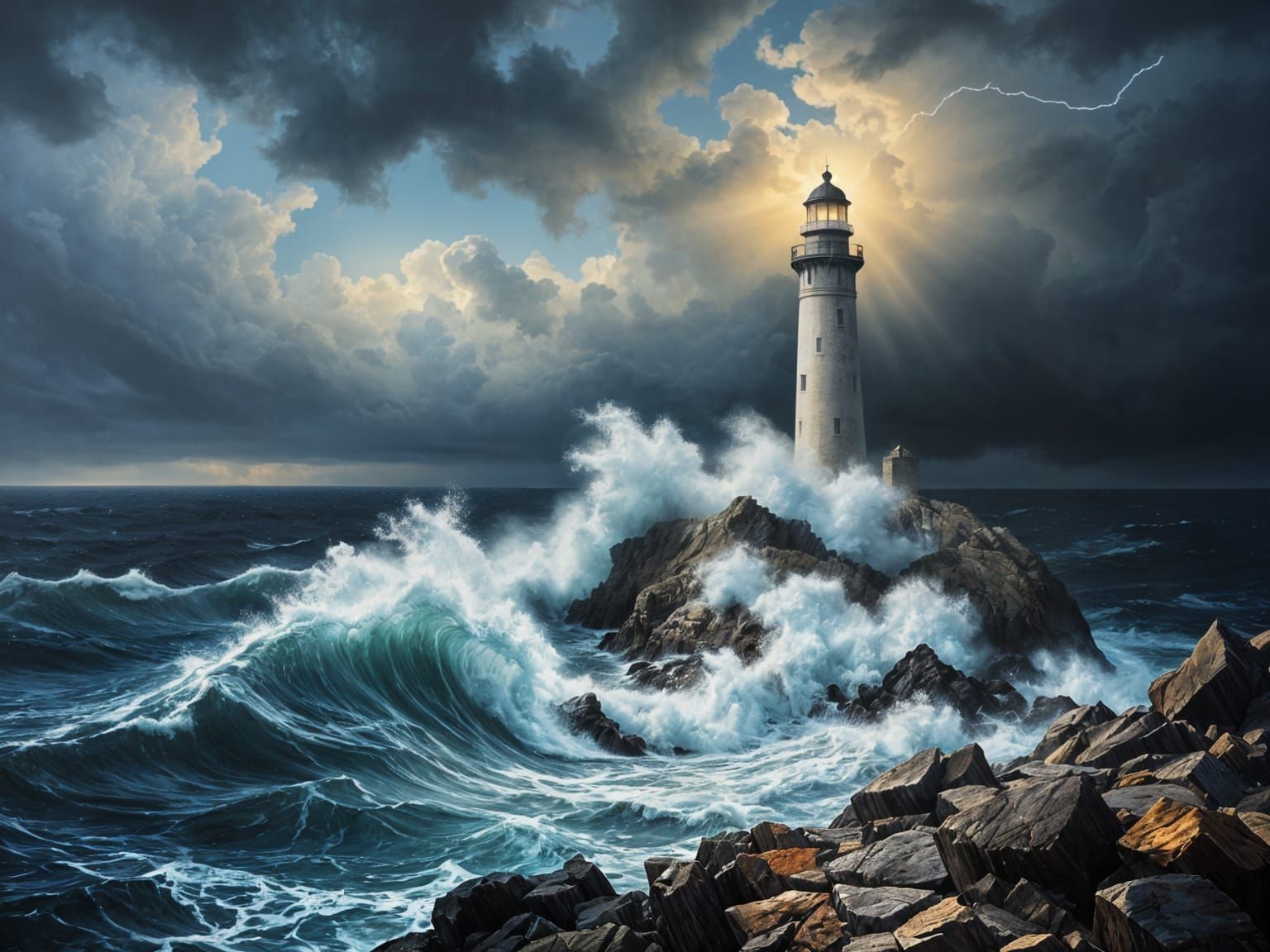 Lighthouse in Stormy Seas: A Gothic Maritime Painting