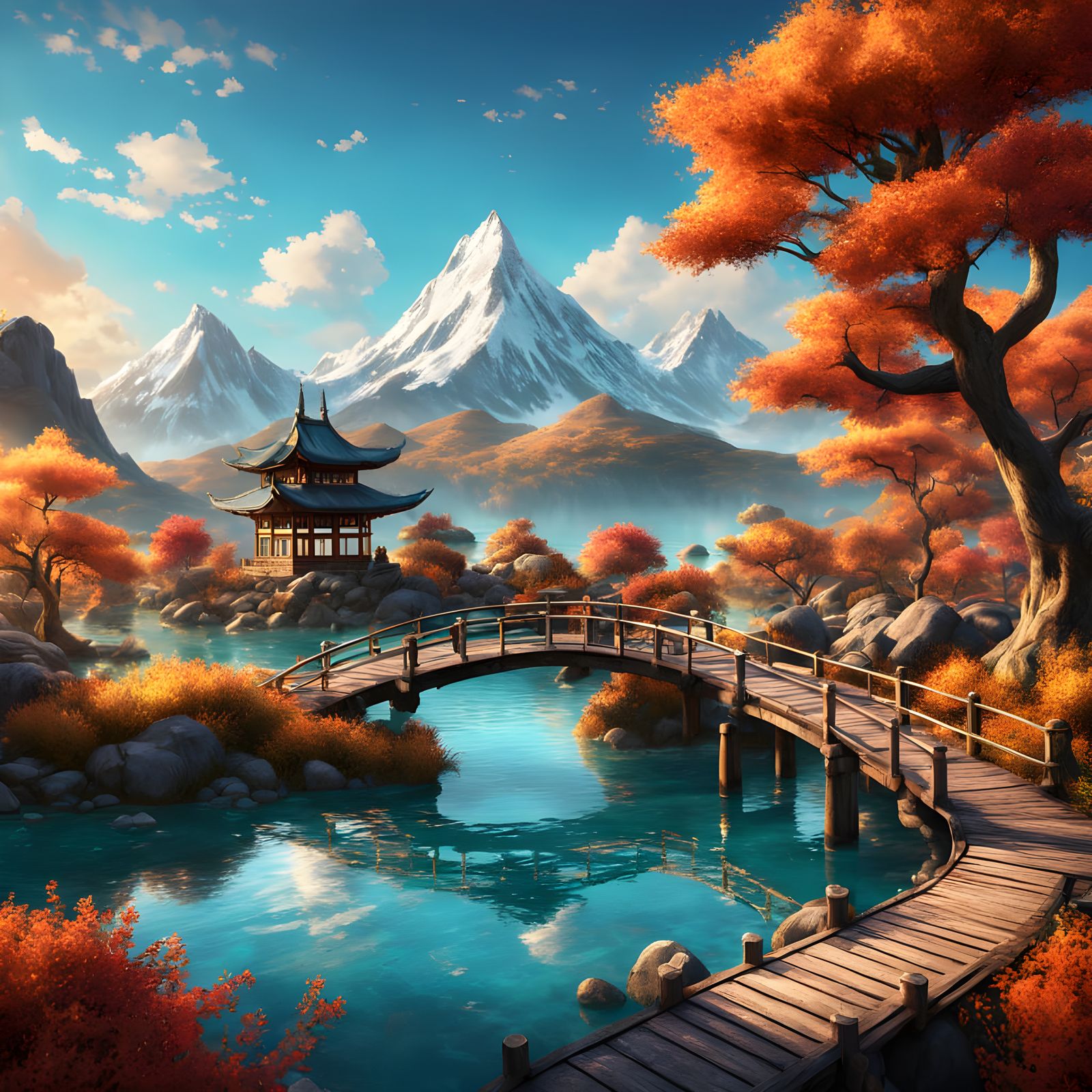 Majestic Snow-Capped Mountains with Dual Season Foliage