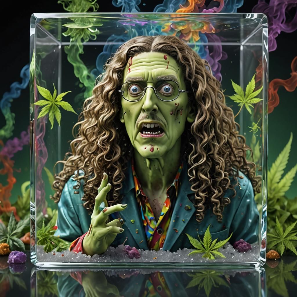 Zombie Weird Al in Crystal Cube: Hyperrealistic Rendering