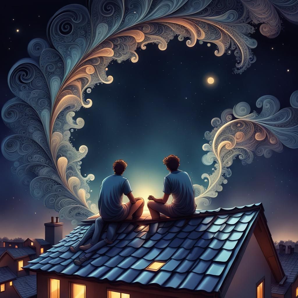 Friends on a Roof Under the Night Sky