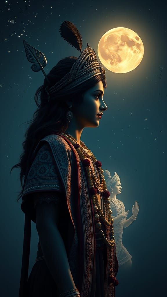 Lord Krishna's Lonesome Longing Under Moonlit Skies