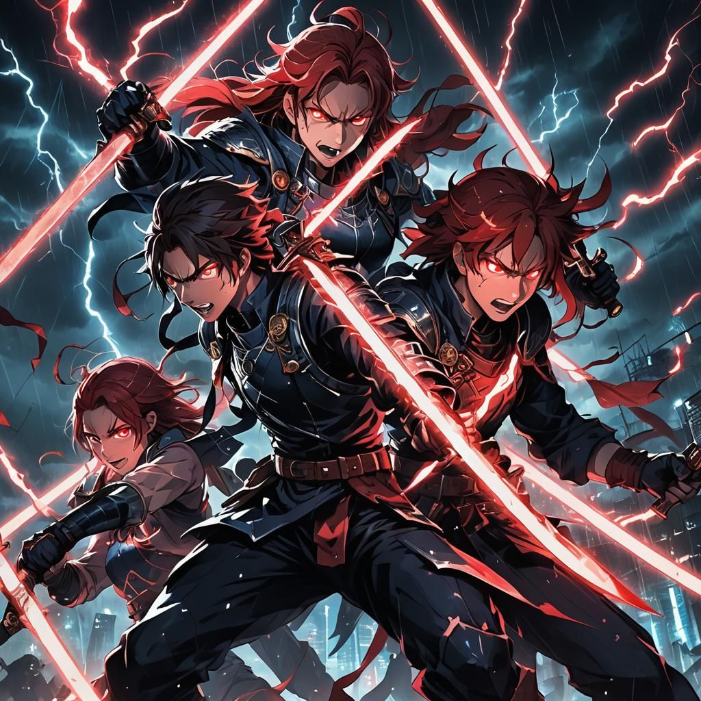 Neon Anime Fighters Clash in Dark Fantasy Storm