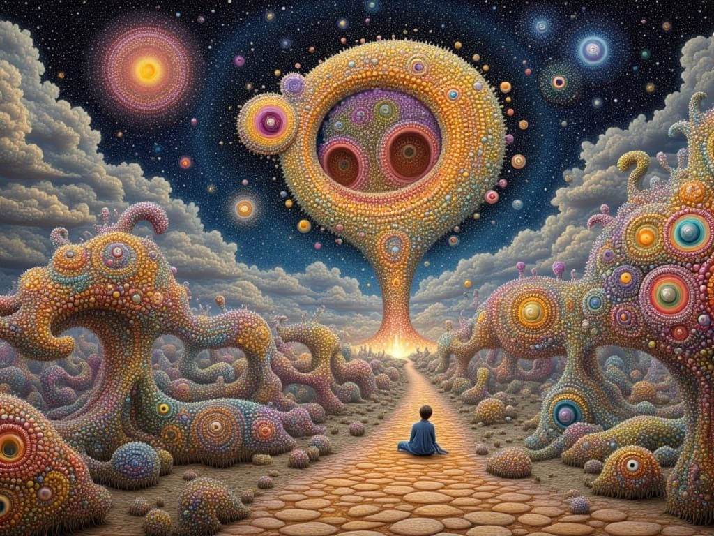 Surreal Dreamer on Cosmic Pathway in Vibrant Fractal Landsca...